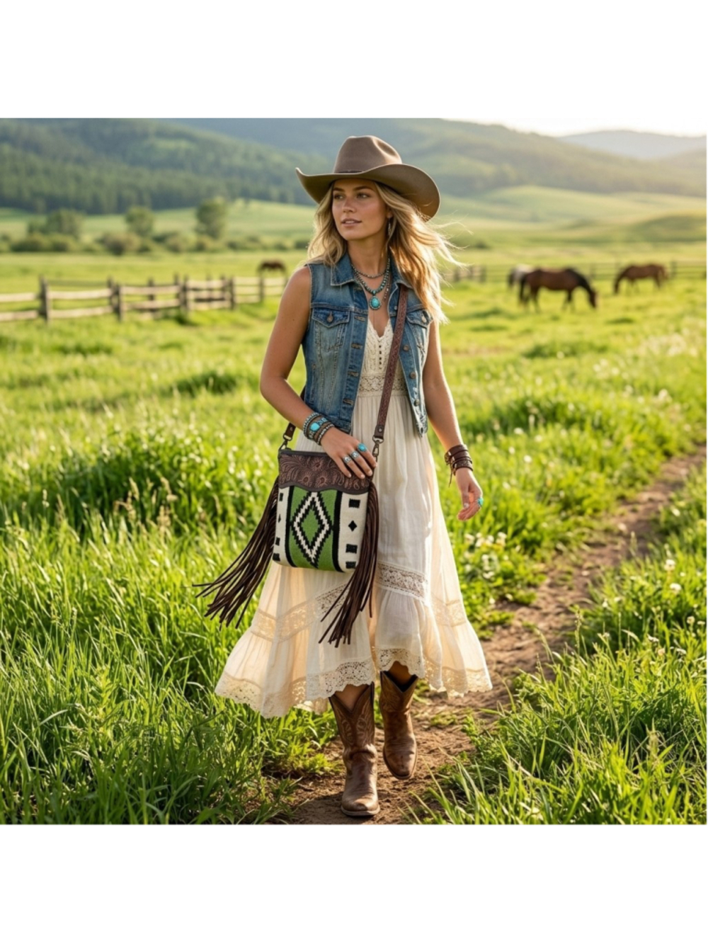 American Darling Green Pastures Boho Western Tooled Saddle Blanket Crossbody